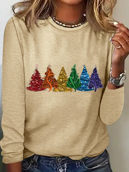 Women's Christmas Tree Cotton-Blend Crew Neck Casual Long Sleeve Shirt