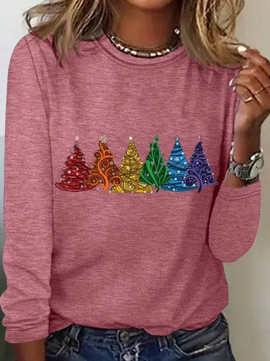 Women's Christmas Tree Cotton-Blend Crew Neck Casual Long Sleeve Shirt