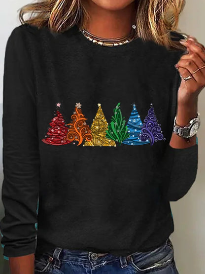 Women's Christmas Tree Cotton-Blend Crew Neck Casual Long Sleeve Shirt