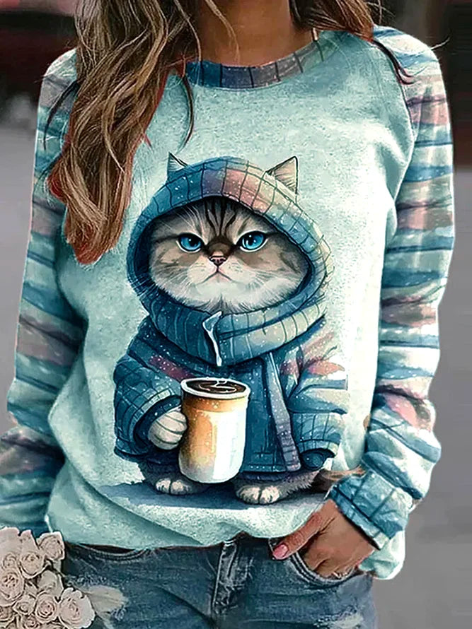 Cute Cat Print Pullover Sweatshirt