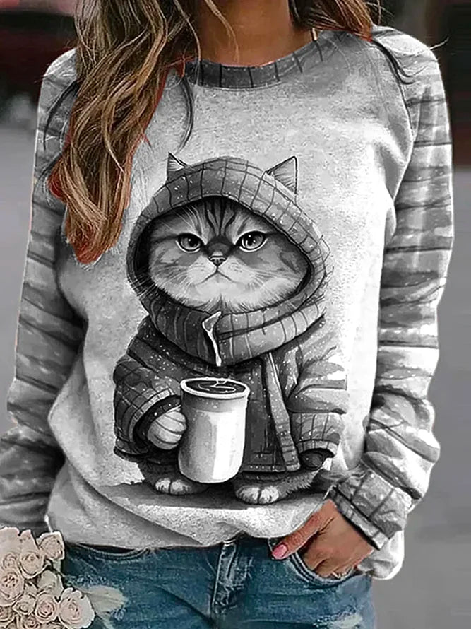 Cute Cat Print Pullover Sweatshirt