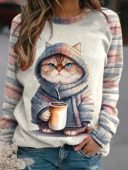 Cute Cat Print Pullover Sweatshirt