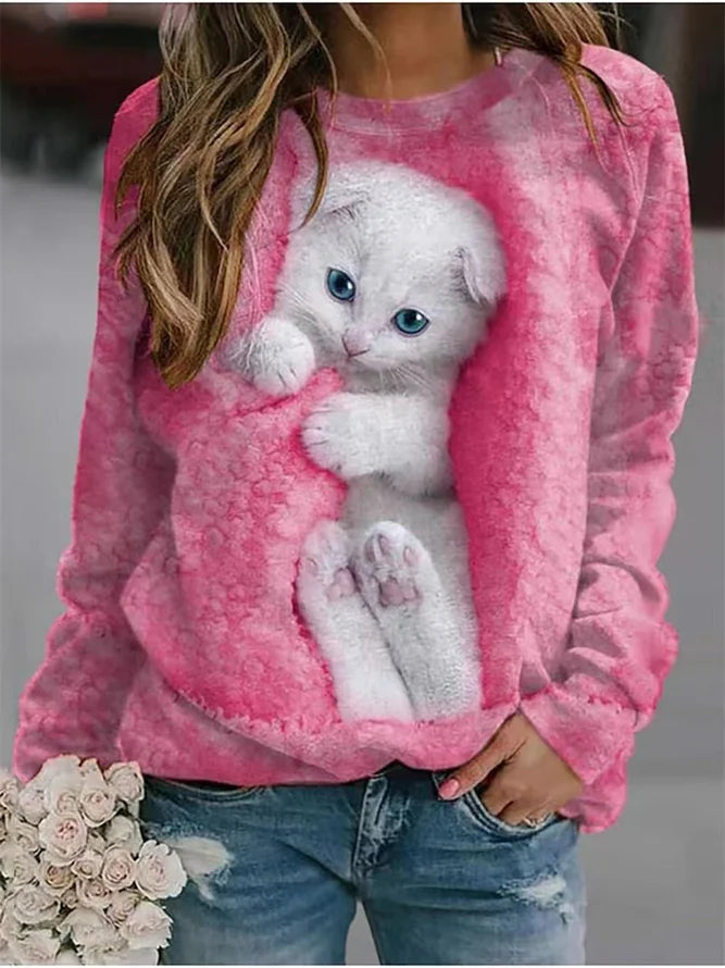 White Cat Crew Neck Loose Casual Sweatshirt