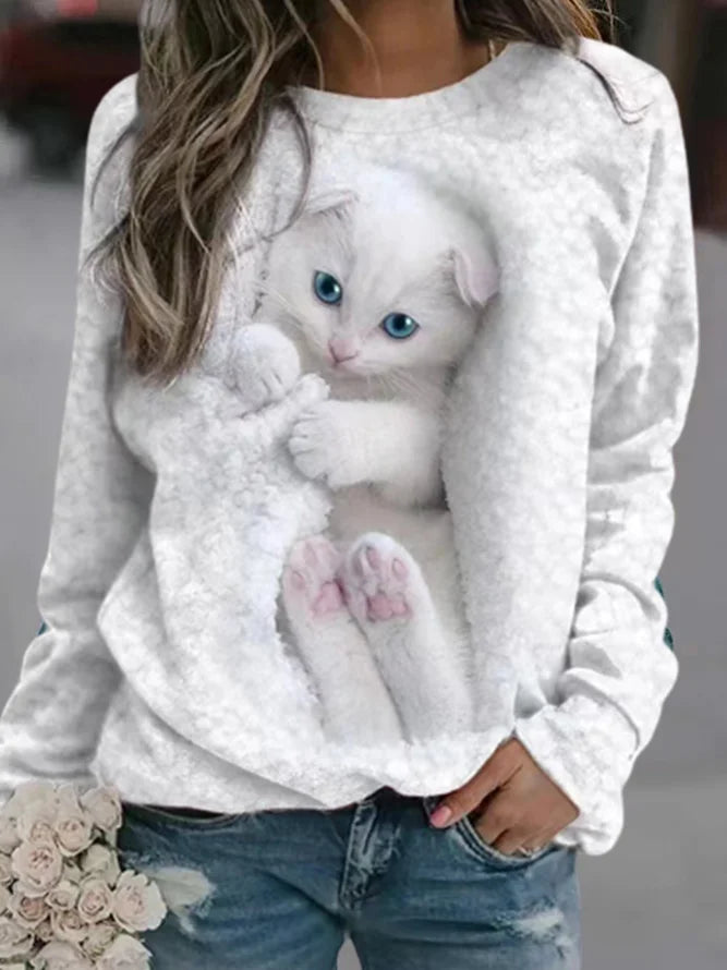 White Cat Crew Neck Loose Casual Sweatshirt