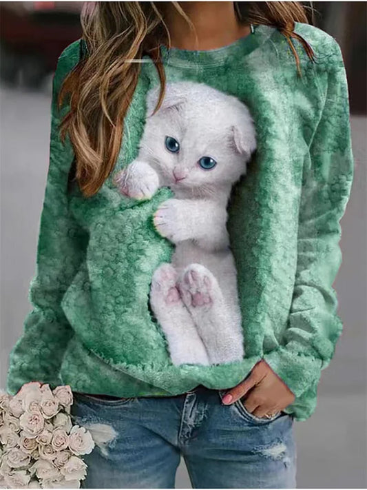 White Cat Crew Neck Loose Casual Sweatshirt