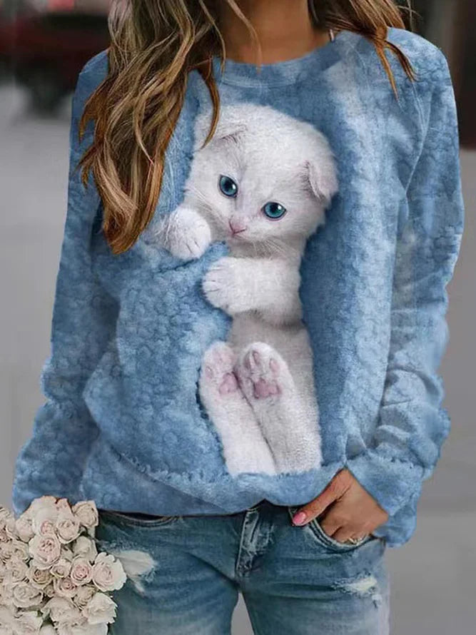 White Cat Crew Neck Loose Casual Sweatshirt