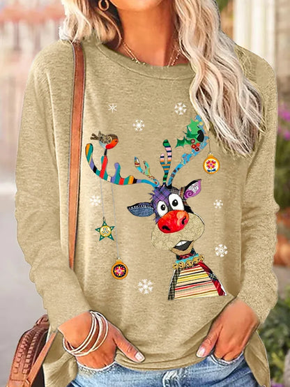 Women's Christmas Reindeer Crew Neck Long Sleeve Top