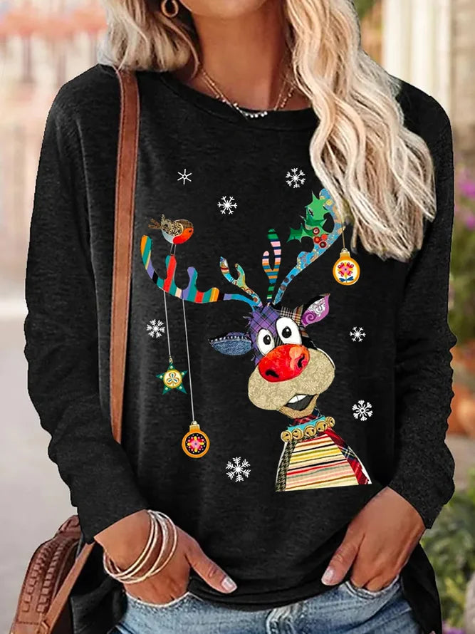 Women's Christmas Reindeer Crew Neck Long Sleeve Top