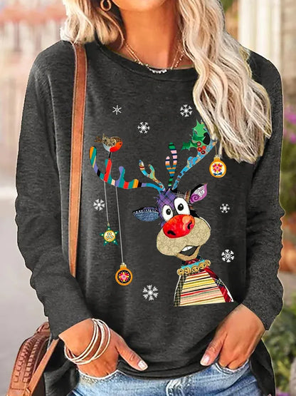 Women's Christmas Reindeer Crew Neck Long Sleeve Top