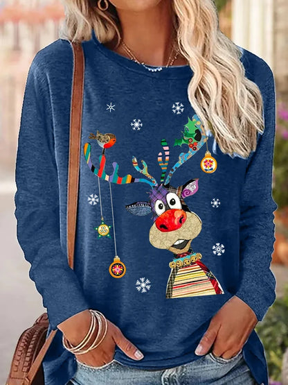 Women's Christmas Reindeer Crew Neck Long Sleeve Top