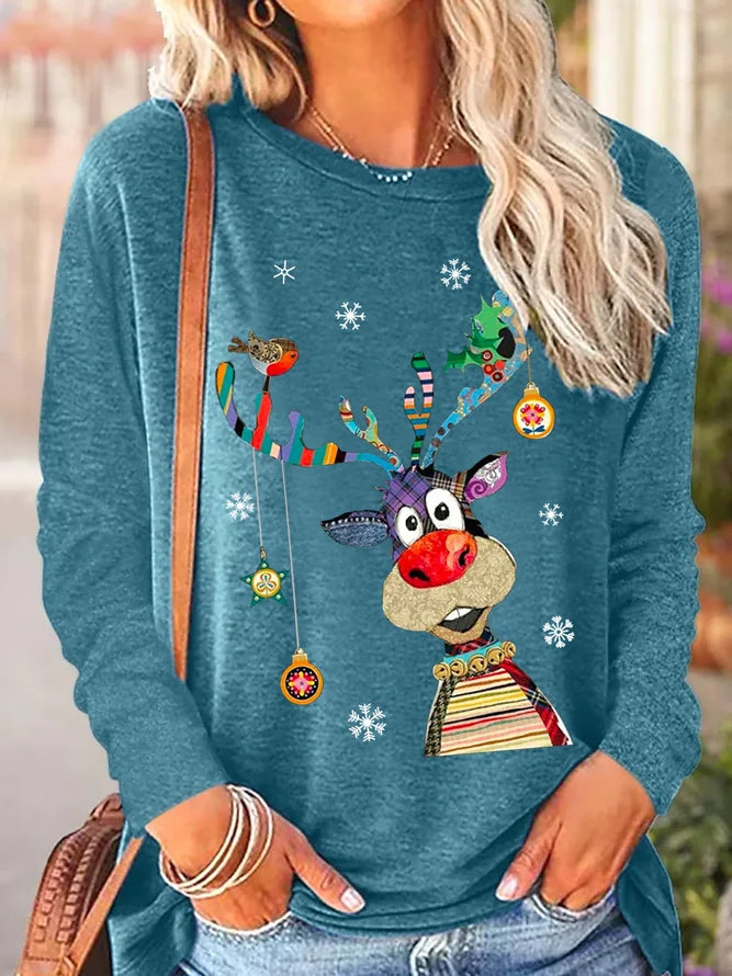 Women's Christmas Reindeer Crew Neck Long Sleeve Top