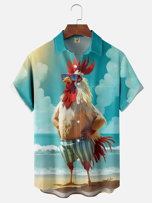 Moisture-wicking Beach Fun Chicken Chest Pocket Hawaiian Shirt